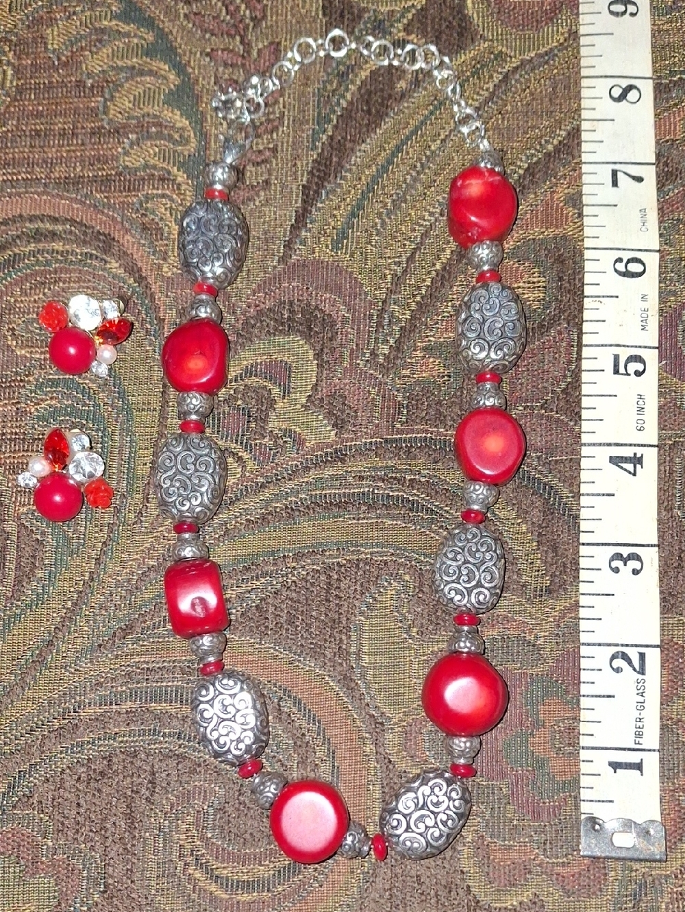 Brighton Red and Silver Beaded Statement Necklace with Matching Earrings